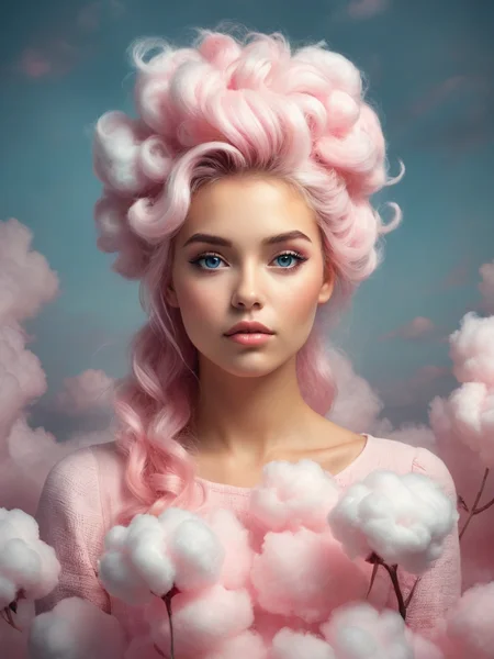a beautiful 30yr girl with cotton candy clouds as hair, surrounded by cotton candy clouds