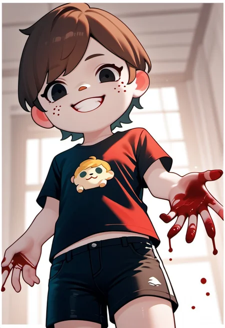 zPDXL3, score_9, score_8_up, score_7_up, score_6_up, score_5_up, score_4_up,
1boy, solo, straight short brown hair, black eyes, black shorts, flat chest, red t-shirt, a big “1” is written on the front of the t-shirt in light blue and white border, smiling, evil glint in one eye, acvillager, (chibi:1.2) (blood on face), (bloody hands:1.2), (blood on clothes) cowboy shot, low angle, dutch angle,