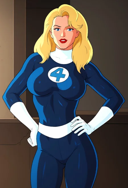 safe_pos, PonyScores6 BREAK ((1980s (style), retro artstyle), perfect anatomy, perfect eyes, cowboy shot), BREAK susan storm, blonde hair, blue eyes, lipstick, raised eyebrow, flirting, sultry eyes, ((looking at viewer)), bodysuit, skin tight, white gloves, large breasts, curvy, toned, athletic, sexually suggestive pose, standing, arched back, hands on hip, indoors