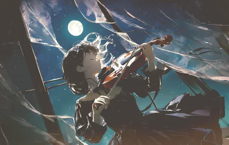 (dino \(dinoartforame\):1.1),1girl, dark theme, night,b74_l1,dark theme,closed eyes, [dutch angle::6],full moon, starry sky,  solo, 1girl, dark background, window, playing instrument, Violin , see-through curtains, windy,night, <lora:43stl1ght1ngXLP2:.5> 43stl1ght1ng, low light, dramatic lighting, darkness, spotlight, window lighting,<lora:lighting-000006:1.3>  <lora:jkafka-XL:.4:lbw=XLALL:stop=15>,mksks style  <lora:miv4t2:.3>, blue theme