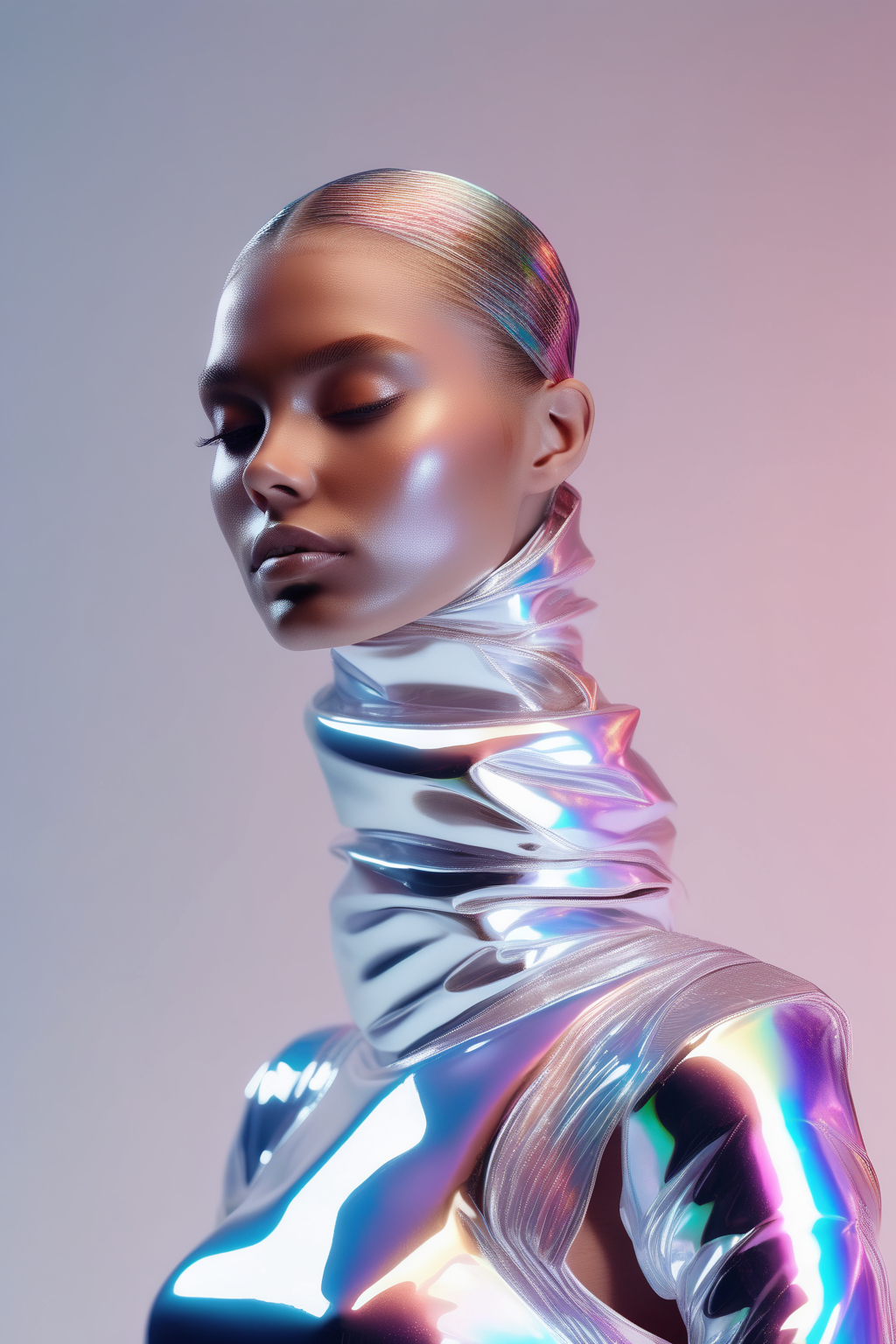 <lora:Made Of Iridescent Foil:1>Made Of Iridescent Foil - Low angle photo of an emotionless model with swagger wrapped inside a nike FUTURISTIC holographic outfit. light gradient background. Top light, studio lighting. Canon EOS R5. Fashion photography. Natural features. Intricate details. Clean sharp focus
