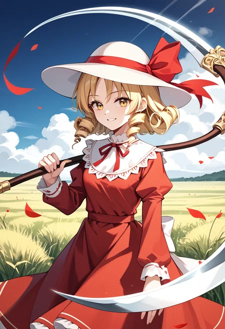 score_9_up, score_8_up, score_7_up, BREAK source_anime, (masterpiece), (best quality),1 girl, elly, holding_scythe, blonde hair, dress, hat, red ribbon, yellow eyes, long sleeves, red dress, short hair, drill hair, (from side:0.6), slightly smile, grassfield, windy,
<lora:elly(touhou)-V2:1>