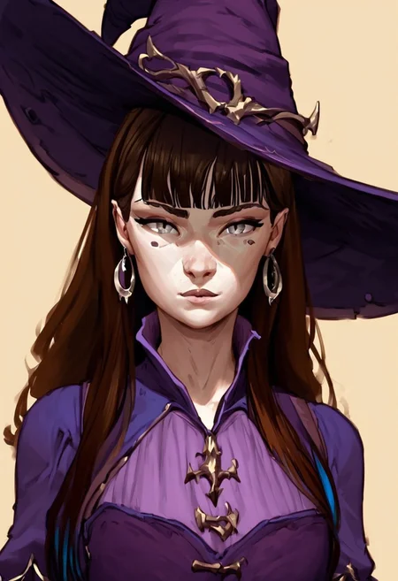 score_9, score_8_up, score_7_up,BREAK,1woman,brown hair,long hair,blunt bangs,grey eyes,perfecteyes,earrings,witch,purple witch outfit,witch hat,pointy hat,simple background,yellow background,looking at viewer,facing viewer,arkn2,