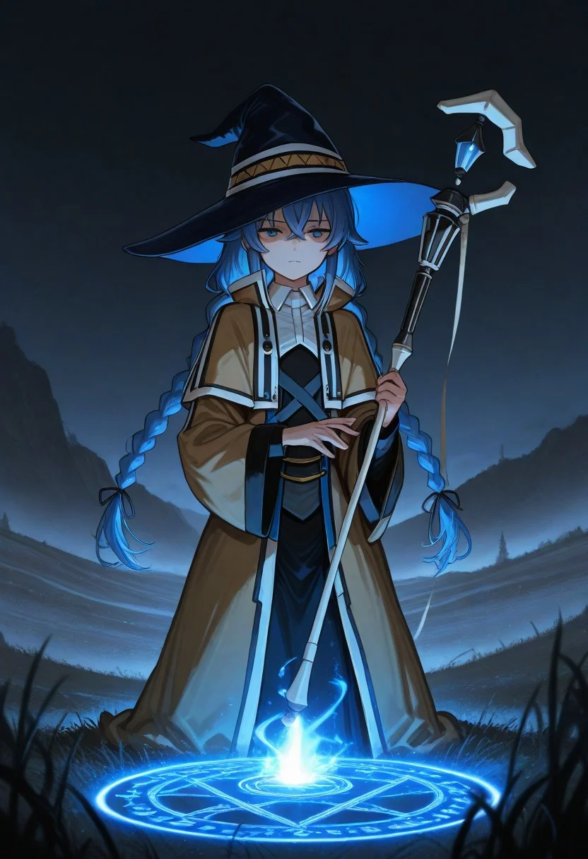 masterpiece, by piaki, best quality, very detailed,
1 girl, roxy migurdia, blue hair, flat chest, twintails, blue hair, witch hat,
outdoors, open field, ominous vibe, casting magic, chanting, magic circle, dark sky, holding staff, windy, detailed eyes, serious face,
