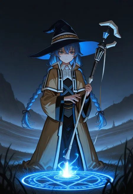 masterpiece, by piaki,  best quality, very detailed, 
1 girl, roxy migurdia, blue hair, flat chest, twintails, blue hair, witch hat,
outdoors, open field, ominous vibe, casting magic, chanting, magic circle, dark sky, holding staff, windy, detailed eyes, serious face,