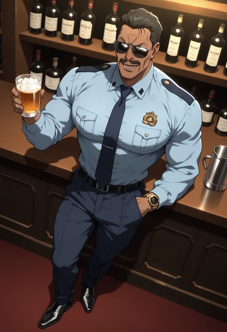 BREAK anime color,dutch angle,from_side,full_shot,(solo),1boy,male focus,
full-length portrait,standing,holding cup,vodka,
masculine face,daddy looking face,masculine,wrinkle,Villain,thug,
Abrego,Black hair,eyes,sunglasses,mustache,<lora:Abrego__Black_Lagoon:0.8>,
glaring,seductive_smile,open mouth,
police_uniform,dark blue pants,light blue shirt,dark blue tie,formal attire,long_sleeves,large leather shoes,pure black socks,
tlarger men,Big body,broad shoulders,stocky_body,big muscule,
Dark skin,Muscled,narrow waist,toned body,
large pectorals,
detailed face,detailed body,perfect anatomy,
masterpiece,best quality,amazing quality,
k0n0hanaya,<lora:-Konohanaya:0.4>,
Hotcha,<lora:hots_r1:0.2>,<lora:cfg_scale_boost:0.2>,<lora:NAI_QualityV1.1:0.4>,<lora:add-detail-xl:0.7>,
multicolored_background,bar,men's watch,