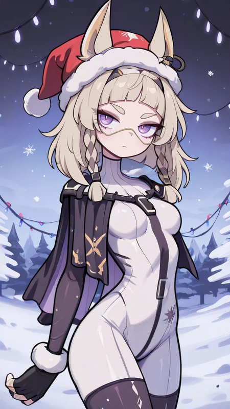 ,masterpiece,best quality,newest, <lora:Meredith_IL_Strinova:0.9> meredithil, anime, skinny, 1girl, solo, bangs, braid, purple eyes, animal ears, fingerless gloves, black gloves, bodysuit, breasts, <lora:Cartoony_Illustrious_Style:1.0> cartoonyillustrious, style, christmas themed, winter, santa hat,snow flakes, christmas lights, green and red