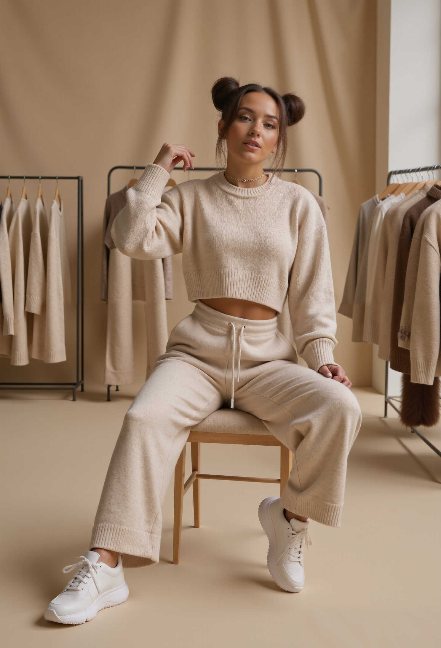 beautiful young woman, short two ponytails, large round breasts, clo021, woman wearing a cozy beige cropped knit sweater, wide-leg lounge pants, modern styled white sneakers, sitting on a chair and posing in a clothing shop