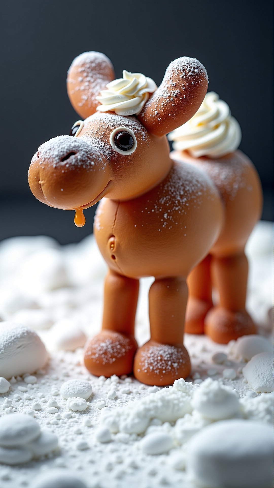 A photo of a SemlaStyle mechanical moose-like transport escorted sci-fi settler over snow terrain made entirely out of semla which made out of wheat material with whipped cream and with powdered sugar on top. Food craft.<lora:SemlaStyleFlux:1>