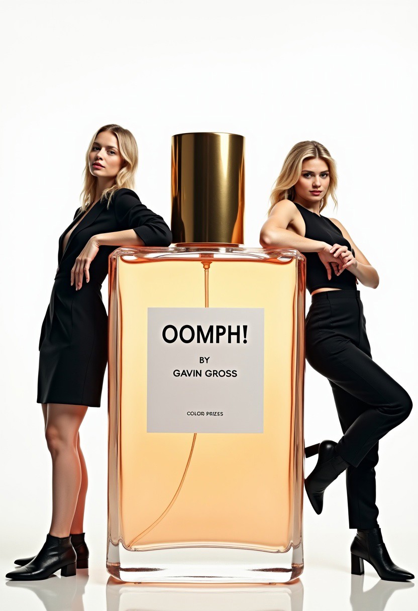 photo for a full page advertisement in a fashion magazine. The photo shows a giant perfume bottle at the center, with a young woman leaning to it from the right and a young man leaning to it from the left. The bottle is labeled "OOMPH! By Gavin Gross". The man and the woman are models wearing expensive fashionable clothes and look at the viewer with expressionless faces. The background is plain white. The overall impression is that of a glossy professional product