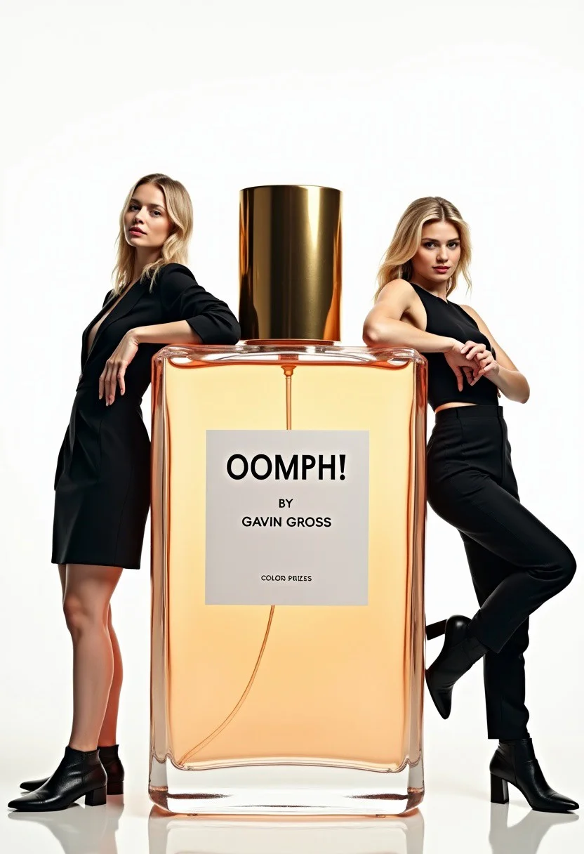 photo for a full page advertisement in a fashion magazine. The photo shows a giant perfume bottle at the center, with a young woman leaning to it from the right and a young man leaning to it from the left. The bottle is labeled "OOMPH! By Gavin Gross". The man and the woman are models wearing expensive fashionable clothes and look at the viewer with expressionless faces. The background is plain white. The overall impression is that of a glossy professional product