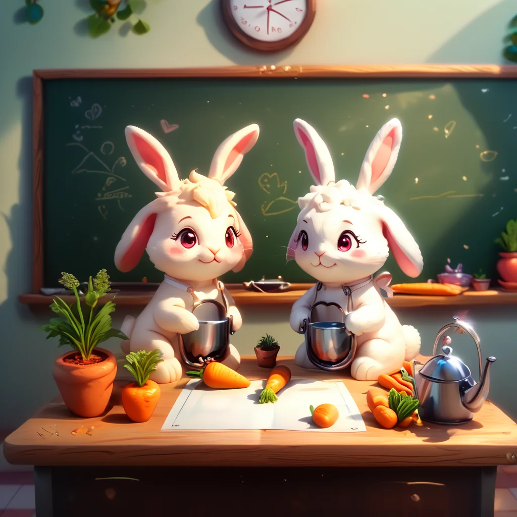 core_9, score_8_up, score_7_up, score_6_up, <lora:ArsMJStyle_-_Cute:1> ArsMJStyle, Cute, Bunny chef teaching vegetable students in garden classroom. Carrot desks, tomato chalkboard, watering can next to teacher's desk. Cheerful character designs, pastel color palette, doodle-like background details.