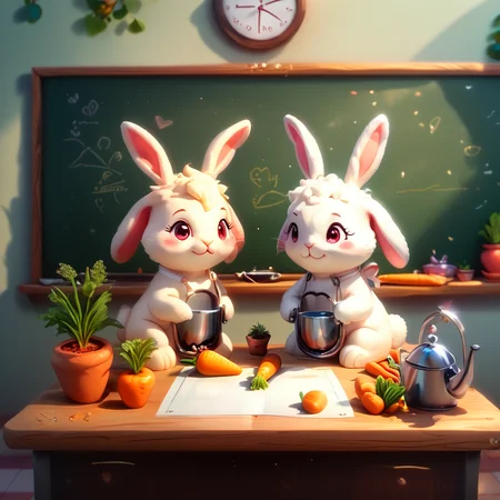 core_9, score_8_up, score_7_up, score_6_up, <lora:ArsMJStyle_-_Cute:1> ArsMJStyle, Cute, Bunny chef teaching vegetable students in garden classroom. Carrot desks, tomato chalkboard, watering can next to teacher's desk. Cheerful character designs, pastel color palette, doodle-like background details.