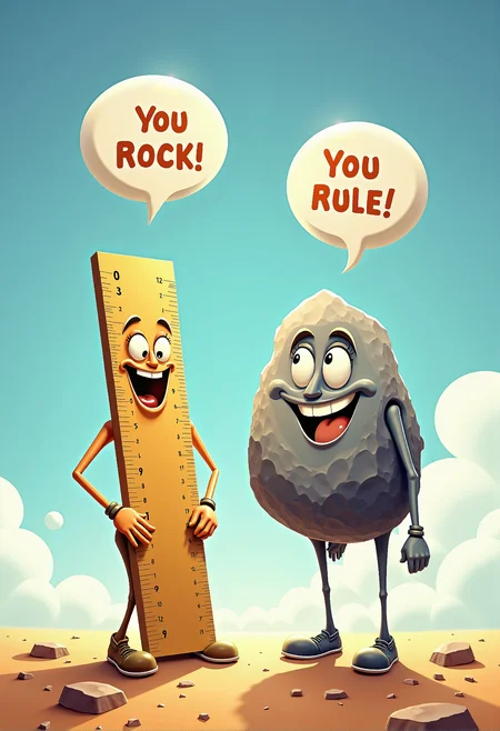 concept art In a playful cartoon style, a ruler and a rock meet, both with exaggerated cartoon hands and feet. The ruler, standing tall and thin, has a cheerful expression, and a speech bubble above it reads, 'You rock!' The rock, short and sturdy, smiles back with a speech bubble that says, 'You rule.' The scene is lighthearted and fun, with vibrant colors and exaggerated features that give both characters a lively, animated feel. aiai-Glimra <lora:aidmaHyperrealism-FLUX-V0.1.safetensors:1.0>, <lora:aiai-Glimra-Flux-Dev-v2.safetensors:0.5>, <lora:Surrealist_CFH-000013.safetensors:1.0>, Surr3@l . digital artwork, illustrative, painterly, matte painting, highly detailed
