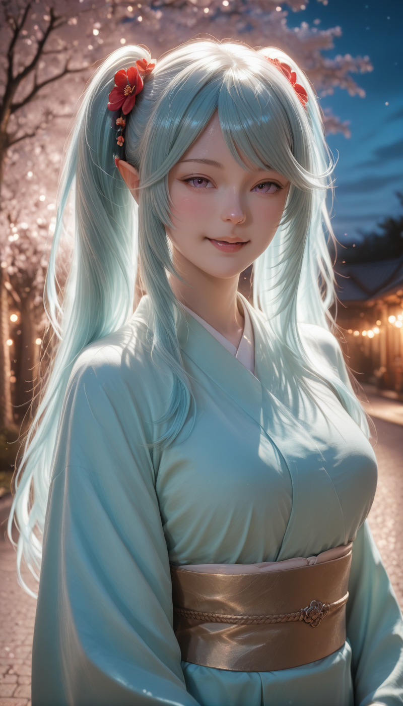 <lora:LCMTurboMix_Euler_A_fix:1> <lora:example_SDXL:0.3>, EZRealPONYXL, <lora:Dramatic Lighting Slider:3><lora:realistic filter [IL]:1>
DSLR,realistic,cosplay photo, (very awa,masterpiece,best quality,year 2024,newest,absurdres,highres:1), realistic,skin texture,facial features, photography shot with Canon EOS 5D Mark IV , realistic, RAW, best quality, masterpiece, amazing quality, skin details,
1girl, highly detailed beautiful face, natural breasts,
detailed background, shiny skin, dutch angle, night, moonlight,
beautiful detailed eyes, intricate details, absurdres, anime screencap,
<lora:Epsilon_KageJitsu_ILXL_kill0825:1>
KageEpsilon, 1girl, solo, long hair, breasts, looking at viewer, blush, smile, open mouth, large breasts, long sleeves, hair ornament, twintails, medium breasts, blue hair, purple eyes, upper body, flower, sidelocks, :d, outdoors, teeth, sky, japanese clothes, pointy ears, day, hair flower, wide sleeves, kimono, tree, sash, petals, upper teeth only, aqua hair, obi, red flower, elf, cherry blossoms, blue kimono, green kimono, yellow sash, aqua kimono, swept bangs, tassel