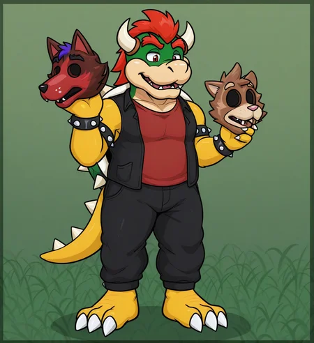 high res, absurd res, digital media (artwork), <lora:Mask_TF:1> 5uitingm4sking, solo focus, clothed, full body, mask, cat mask, holding mask, meadow background, male, bowser