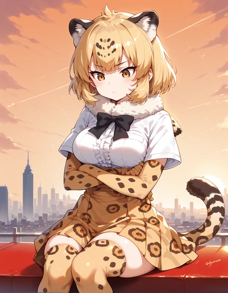 1girl,
jaguar (kemono friends), animal ears, jaguar ears, blonde hair, short hair, bangs, jaguar print, multicolored hair, tail, jaguar tail, white shirt, frills, skirt, high-waist skirt, print skirt, fur collar, center frills, gloves, elbow gloves, print gloves, short sleeves, black bowtie, thighhighs, animal print,
cowboy shot,
looking down,crossed arms, sitting on steel beam, steel beam, i-beam,
cityscape, sunset, orange sky,
<lora:Jaguar_r1:1>, score_9, score_8_up, score_7_up, score_6_up, score_5_up, source_anime,