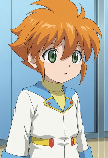 Yu_tendo,1boy,solo,orange hair,short hair,green eyes,male focus,white jacket,long sleeves,turtleneck sweather,male child,white shorts,upper body
