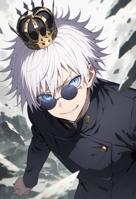 score_9, score_8_up, score_7_up, score_6_up, masterpiece, best quality, absurdres, cinematic, perfect composition, solo, 1boy, gojou satoru, blue eyes, white hair, crown on head, round sunglasses, jacket, black jacket, gakuran, school uniform, high collar, smirk, standing, looking at viewer,