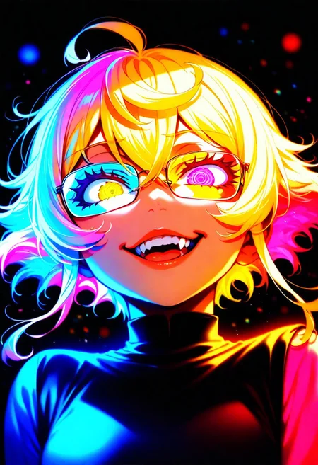 score_9, score_8_up, score_7_up, score_6_up, 1girl, TanyDegurechaff, bare shoulders, teeth, lips, thin lips, narrow mouth, solo, looking at viewer, glowing eyes, wearing glasses, colorful glasses, glasses on the eyes, shiny, glare, a little wet, colorful, open mouth, upper body, from below, back lighting, dark, multicolored background, blurred background, small colorful candies falling from the ceiling, some blurred, colorful, magic particles, explosion of colors, masterpiece, best quality, colorful, bright, pleasing to the eye, grin, greed on his face, his tongue sticking out, a little steam from the mouth, bright, multicolored, bright colors of paint, masterpiece, best quality, amazing quality, very aesthetic, absurdres, lots of multicolored rainbow light, focus on the face, lots of soft light, soft colors
