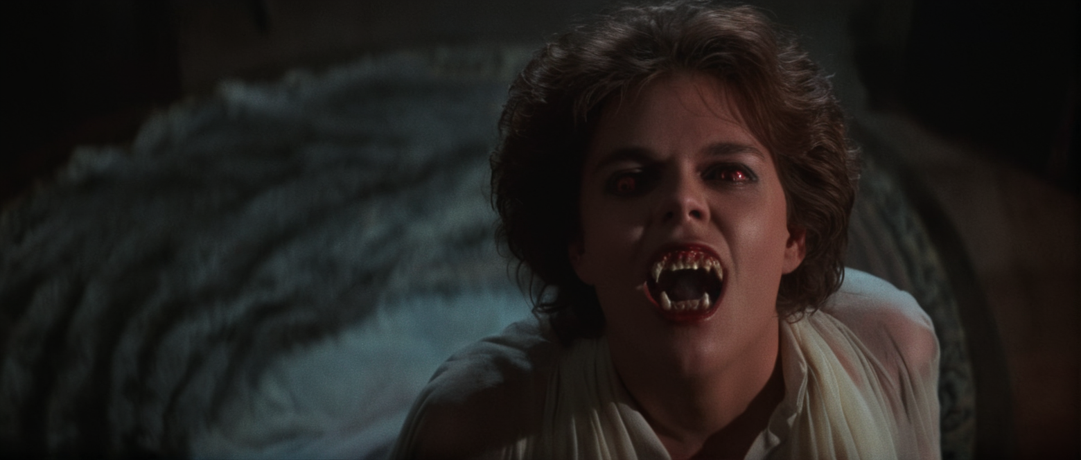 cinematic film still of  <lora:Fright Night 1985 style v2:1>
High Angle from above, In the 1980's Cinematic high angle from above,a medium Closeup Shot,Film Footage captured by Panavision Cameras and Lenses,vampire human,Amy a sweaty vampire woman with a scary vampire face and a white nude scarf dress,staring at camera,with messy red brown hair,and perfect vampire fangs teeth,and dark black lenses,with open grin,screaming in front of camera with a vampire mouth in a dark room,Fright Night 1985 Film Style,solo,looking at viewer,open mouth,1boy,male focus,teeth,fangs,portrait,realistic , horror themed, dark themed, low key light, dramatic light, dramatic shadow light, contrast, cinematic color, cinematic look, filmic, realistic, realism, perfection, perfect, Kodak, Kodak film, movie still, Fright Night 1985 style, Fright Night Film style, shallow depth of field, vignette, highly detailed, high budget, bokeh, cinemascope, moody, epic, gorgeous, film grain, grainy