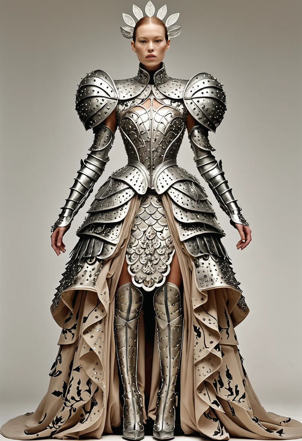 Surrealist art <lora:Alexander McQueen-concept art-000005:1>, alexander mcqueen, concept art, armor dress . Dreamlike, mysterious, provocative, symbolic, intricate, detailed