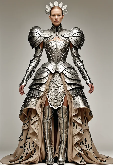 Surrealist art <lora:Alexander McQueen-concept art-000005:1>, alexander mcqueen, concept art, armor dress . Dreamlike, mysterious, provocative, symbolic, intricate, detailed