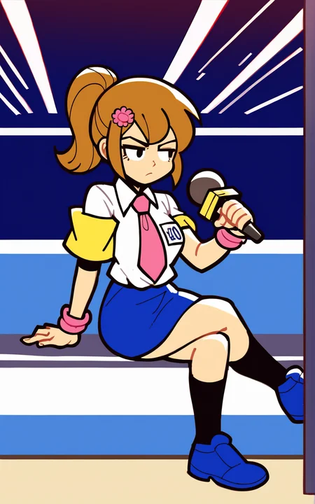 score_9, score_8_up, score_7_up,((best quality)), absurdres, <lora:3d-2d:0.8>, <lora:RGRHPXL:0.8>,RGRHPXL,brown hair, ponytail, white shirt, collared,pink necktie, blue skirt, black socks, kneehigh, blue footwear, hair ornament , holding microphone , backstage,inside,wristband, yellow armband, bored , angry, sitting, crossed legs