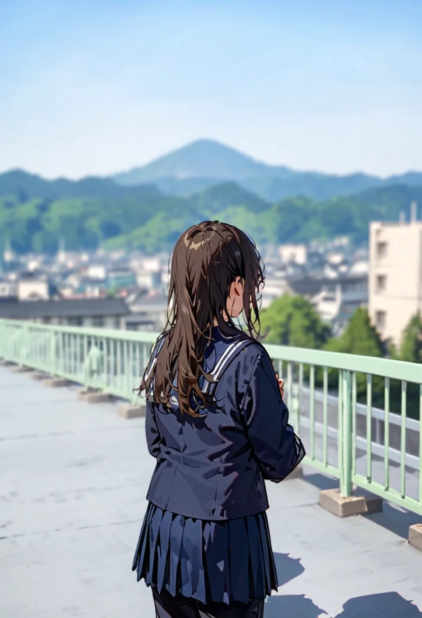 masterpiece, best quality, very aesthetic, absurdres,
okujyou, 1girl, 1boy, outdoors, school uniform, long hair, blurry, black hair, skirt, mountain, serafuku, blurry background, day, railing, gakuran, blue skirt, depth of field, long sleeves, from behind, brown hair, black pants, sky, building, sailor collar, pants, blue shirt, shirt
<lora:gakkou_okujyou_SDXL_V1:1>