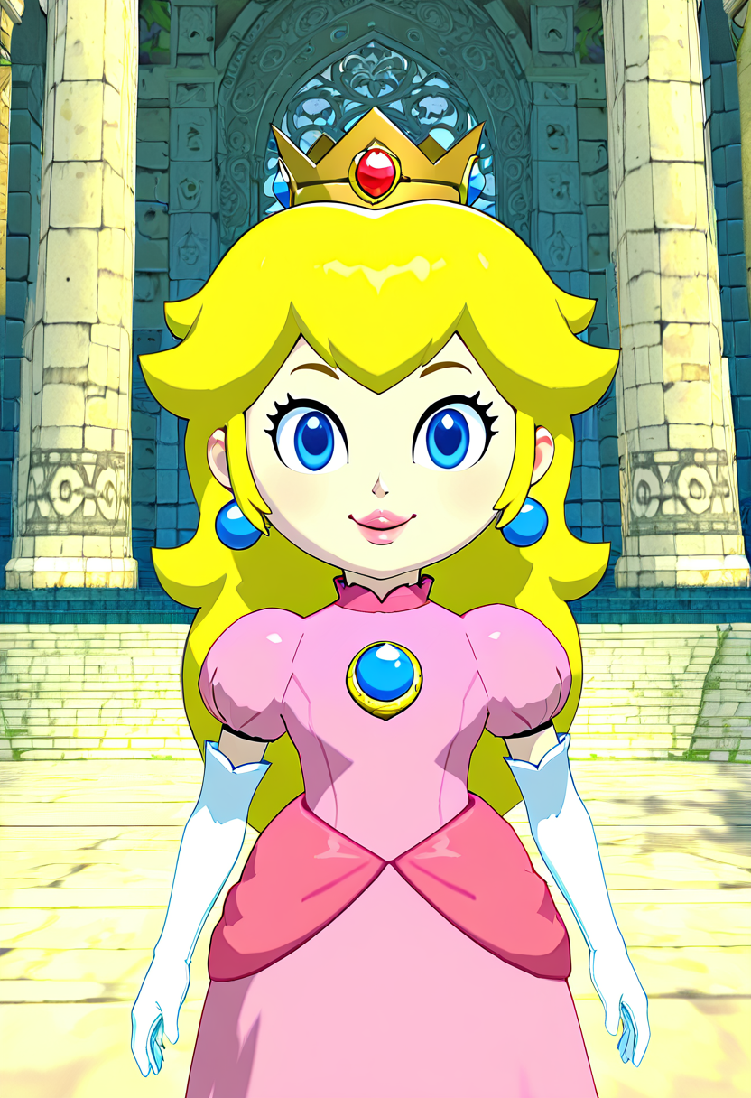 masterpiece, best quality, solo,   1girl, solo, 3d, chibi,  Princess Peach, pink dress, blonde hair, blue eyes, long hair, crown, gem, gloves, puffy sleeves, short sleeves, white gloves, solo, smiling, looking at viewer, cowboy shot,     <lora:WindWakerStyle_NAI:1.0>,