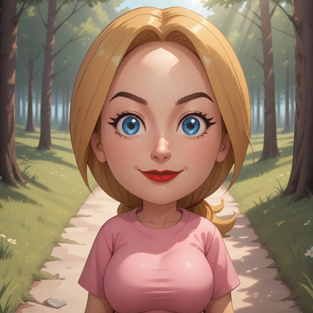 score_9, score_8, BREAK, solo, wii, mii, wii sports, 1girl, female mii, blonde hair, blue eyes, brown eyebrows, red lips, lipstick, pink clothing, white pants, shoes, (((big breasts))), nintendo mii, modern_mii, classic_mii, Montserrat_(OC_Mii), cute, (((adult female, mature female))), tall, sexy pose, self portrait, smile, outdoors, sunlight, shadows, evening lighting, natural lighting, forest, trees, grass, orange sky, sunset