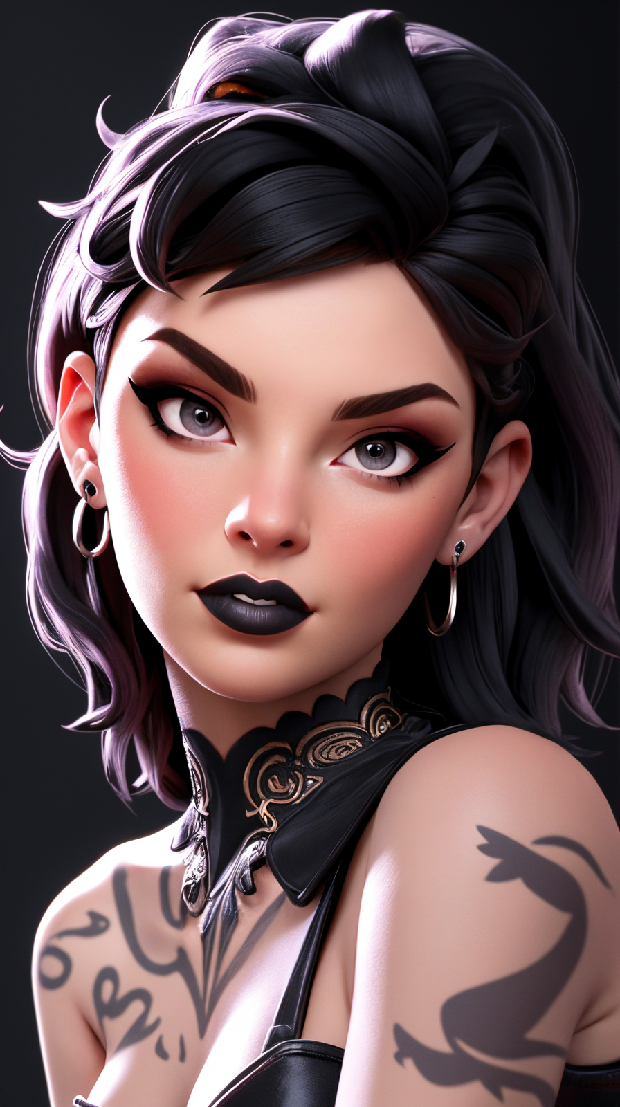 cmack, (headshot:1.2) portrait, (face focus:1.1), glistening eyes, eyeliner,  (piercings, tattoos, neck tattoo), catmull, (wearing goth clothing, gothic), black hair, long neck, gloom, sunshine, pastel tones, warm colours, soft lightning,, low contrast, low saturation, bokeh, f1.4, 40mm, photorealistic, raw, 8k, textured skin, skin pores, intricate details, epiCRealism,<lora:epiNoiseoffset_v2:0.4>