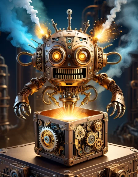 Monster in a box, high quality, masterpiece, robot in a mechanical themed box design, emitting steam, digital display, springs exploding, scientists workshop, elaborate fantasy style art, intricate details, ultra sharp, backlit, exquisite detail <lora:Monster_in_a_Box_SDXL:1>