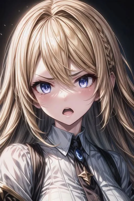 (masterpiece),
Luna,
1girl, blonde, floating hair,
white shirt,
upper body shot,
HDR, highly detailed, 32k,
black background, anger mood,
perfect face feature,