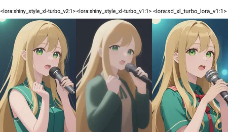 <lora:shiny_style_xl-turbo_v2:1>idol, blonde, long_hair, dark green eyes, sing, microphone