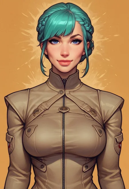 ((((front view))))
beautiful color, aesthetic, 2d,
(zeon pilot:1.3), ((khaki suit)),
solo, standing, (battleground, explosions:1.5)
1girl, cute face, modest smile
((turquoise hair, folded in french braid, side bang hairstyles)),
big natural breasts,
focused, looking at viewer,
(((full-clothed))), dynamic pose
BREAK
score_9, score_8_up, score_7_up, score_6_up, source_cartoon, rating_explicit, Expressiveh, (((((upper body))))), dynamic pose
