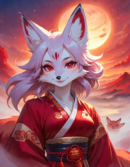 highly detailed, masterpiece, best quality, official art, anime style, (fox girl), furry body, Ruby fur, slight smile, dressed in chinese clothing, character portrait, upper body, in the sky is big gas giant , sunrise with morning fog near ground , sunlight with godrays, <lora:Anime_Furry_Style_SDXL:0.8>