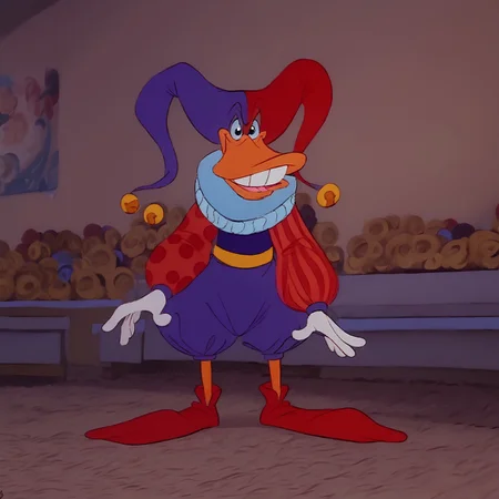 score_9,score_8_up,score_7_up,score_6_up,best quality,masterpiece, background toystore, toy shop, 1boy, solo, BREAK Quackerjack, trunk hose, ruff collar, puffy sleeves, right striped sleeve, left dotted sleeve, looking at viewer, smile, jester cap