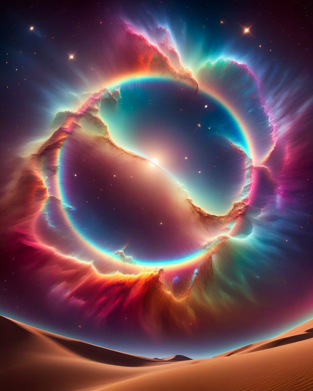 (Masterpiece, Best Quality, Highres:1.2),(a desert natural colors:1.5), (in the sky a rainbow ring nebula:1.2), high fidelity, clarity, realistic, 4k, masterpiece