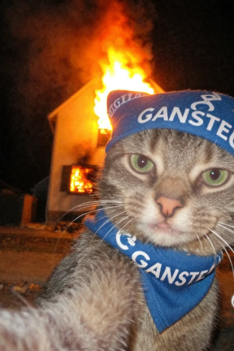gangster cat makes selfie, looks in camera,solo,burning house on background,wears a bandanna