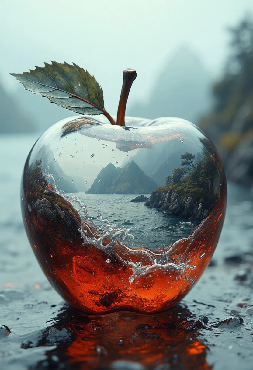 lovely double exposure image by blending together a stormy sea and a glass apple. The sea should serve as the underlying backdrop, with its details subtly incorporated into the glossy glass apple, sharp focus, double exposure, glossy glass apple, translucent glass figure of an Kaki, sea inside, lifeless, dead, glass apple, earthy colors, decadence, intricate design, hyper realistic, high definition, extremely detailed, dark softbox image, raytracing, cinematic, HDR, photorealistic