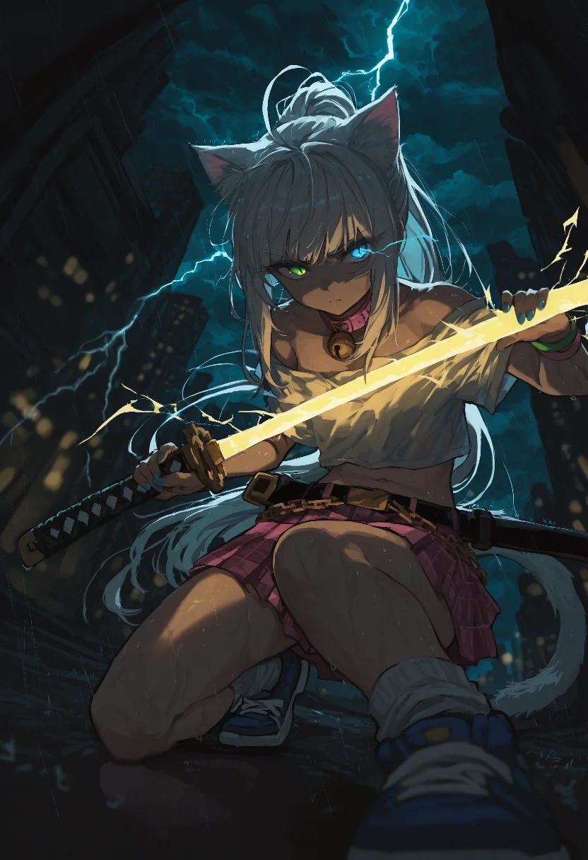 dutch angle, foreshortening, backlighting, bloom, depth of field, blurry, chromatic aberration, heavy chromatic aberration, anaglyph, pale color, muted color, motion blur, vanishing point, yellow theme, close-up, looking afar, looking away, sheath, sheathed, holding sheath, holding sword, katana, ready to draw, (iaidou:1.3), fighting stance, unsheathing, drawing sword, battoujutsu stance, angry, furious, face in shadow, glowing eyes, (eye trail:1.2), atmospheric perspective, alley, cityscape, cloud, dark clouds, dark, yellow hour, rain, storm, wet, wet clothes, lightning, yellow lightning, lightning background, thunder, (electricity, electrokinesis:1.2), 1girl, tsurime, heterochromia, blue eyes, green eyes, slit pupils, dot nose, closed mouth, ahoge, ponytail, very long hair, white hair, long sidelocks, blunt bangs, wolf ears, small breast, white shirt, cropped shirt, short sleeves, off-shoulder shirt, bare shoulders, pink skirt, plaid skirt, miniskirt, pleated skirt, belt, black belt, gold chain, chain on belt, cat tail, belt collar, pink collar, neck bell, white socks, multicolored shoes, white shoes, blue shoes, multiple bracelets, green bracelet, nail polish, blue nails, masterpiece, best quality, very aesthetic, 4ur4_illu, 7A3IFRHPR_illu, aruhshura