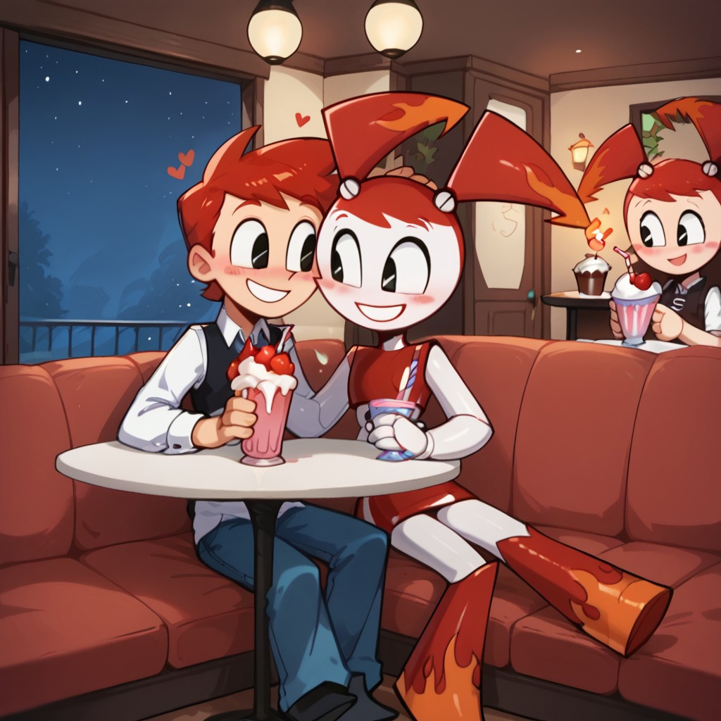 score_9, score_8_up, score_7_up, Jenny, hot rod jenny, red hair, black eyes, gray navel, orange flame accents, joints, android, ((red crop top)), red skirt, red knee boots, blush, sitting, smile, happy, holding hands, detailed background, <lora:Jenny_Wakeman_PDXL_V2:1>, BREAK, sitting at table, male, human, brad, red hair, white shirt, black vest, black eyes, pants, sharing milkshake, drinking, duo, sharing drink, glowing_lora, cafe, 50s style diner, milkshake, indoors, heart reaction, blushing, night, glowing, blush stickers, (((glowing_blush)))