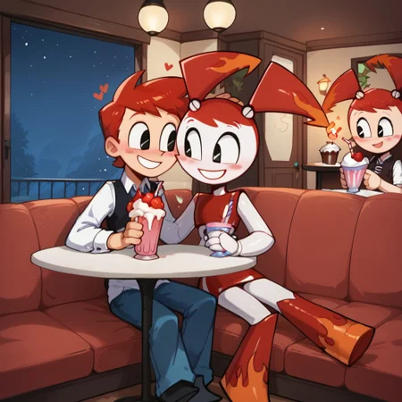 score_9, score_8_up, score_7_up, Jenny, hot rod jenny, red hair, black eyes, gray navel, orange flame accents, joints, android, ((red crop top)), red skirt, red knee boots, blush, sitting, smile, happy, holding hands, detailed background, <lora:Jenny_Wakeman_PDXL_V2:1>, BREAK, sitting at table, male, human, brad, red hair, white shirt, black vest, black eyes, pants, sharing milkshake, drinking, duo, sharing drink, glowing_lora, cafe, 50s style diner, milkshake, indoors, heart reaction, blushing, night, glowing, blush stickers, (((glowing_blush)))