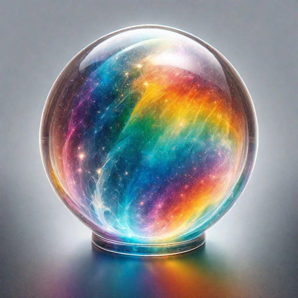 ral-czmcrnbw, a rainbow marble ball on a glass table,