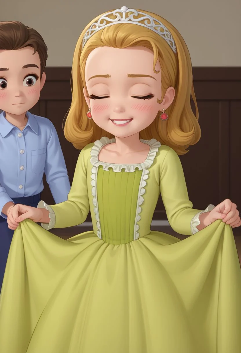 score_8, score_9, adorable, female child, amber, blonde hair, earrings, dress, head pats, indoors, blush, one eye closed,