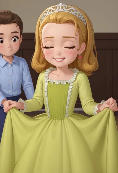 score_8, score_9, adorable, female child, amber, blonde hair, earrings, dress, head pats, indoors, blush, one eye closed,