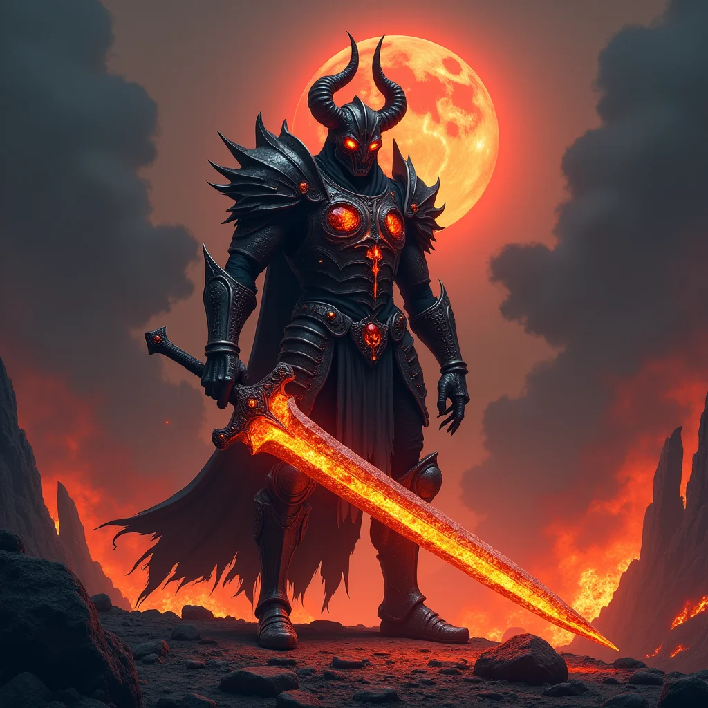 An imposing demonic knight, clad in charred, obsidian-black armor with glowing, infernal orange cracks, stands in a desolate, hellish landscape. His helmet features jagged, horn-like protrusions, and his eyes burn with a malevolent red glow. The knight wields a massive, scorched greatsword that radiates an eerie, otherworldly light. The ground beneath him is littered with smoldering embers and jagged rocks, as lava flows in the distance. Dark, ominous clouds of smoke swirl around him, partially obscuring a blood-red moon in the sky. The scene is bathed in a mix of harsh, fiery light from the surrounding flames and deep, sinister shadows, creating a cinematic and ultra-realistic horror atmosphere.