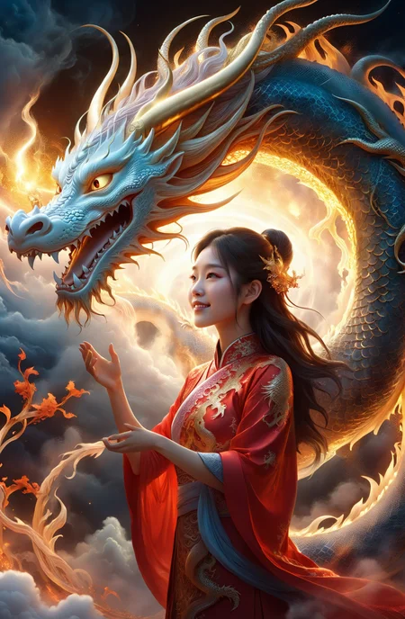 amazing quality, masterpiece, best quality, hyper detailed, ultra detailed, UHD, DOF, depth of field, HDR, perfect anatomy
close up, dragon head portrait, (white hybrid gold) dragon, soaring through the clouds and mist, over the cloud,( sunrise:1.2), mystical sky, 
a girl standing with a dragon, touch the dragon, (stylish pose:1.2), joyful, hope light, background light, (caress:1.4),
outstretched arm, outstretched hand, looking at viewer, smile, beaming, wearing red cheongsam, hug the dragon,
glowing, dazzling, shine, translucent, long skit, long hair, wing blow, gold, (sparking, light particles:1.2),
<lora:add-detail-xl:0.75>,
<lora:Haute_CoutureXL:0.6> DTstyle, 
<lora:EnvyBetterHiresFixXL01:1.0>,
<lora:extremely_detailed:1.2>, extremely detailed, 
<lora:DonM3t3rn1tyXL-v1.1:0.75> DonM3t3rn1tyXL 
<lora:zavy-chnsdrgn-sdxl:0.5>, zavy-chnsdrgn, 
<lora:ClearHand-V2:1.0>
 SK_Fantasy,