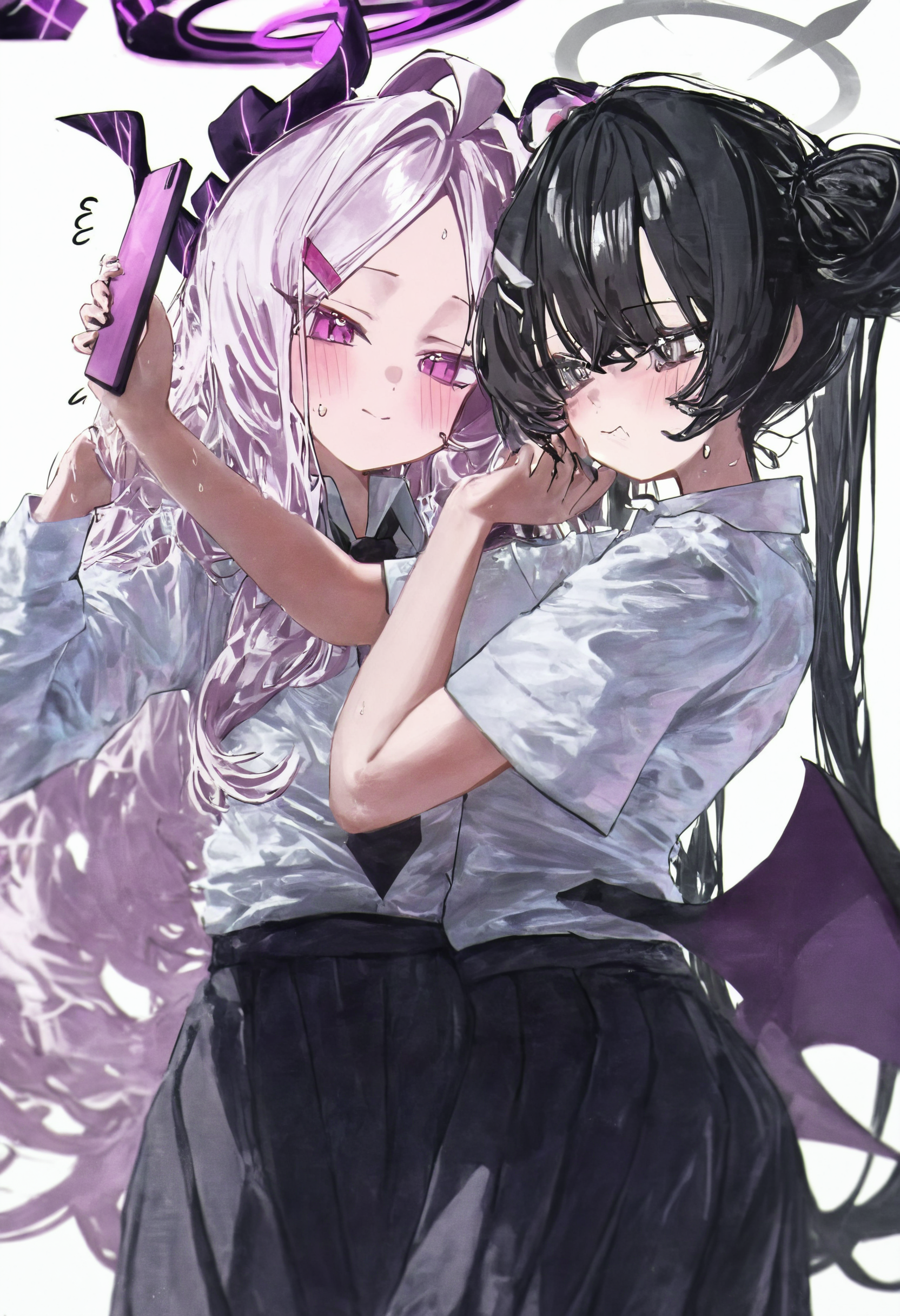 omo-anon ,hina \(blue archive\), long hair, blush, smile, simple background, shirt, skirt, multiple girls, black hair, long sleeves, hair ornament, white background, holding, closed mouth, 2girls, very long hair, twintails, school uniform, white shirt, white hair, grey hair, ahoge, short sleeves, pleated skirt, horns, wings, necktie, alternate costume, collared shirt, hairclip, black skirt, pink eyes, hair bun, halo, grey eyes, double bun, phone, flying sweatdrops, cellphone, demon horns, smartphone, holding phone, demon wings, selfie, black horns, multiple horns, black halo, grey halo,,masterpiece,best quality,newest,absurdres,highres,very awa <lora:None:1.0> <lora:Anon_Style2-000009:0.9500000000000002>